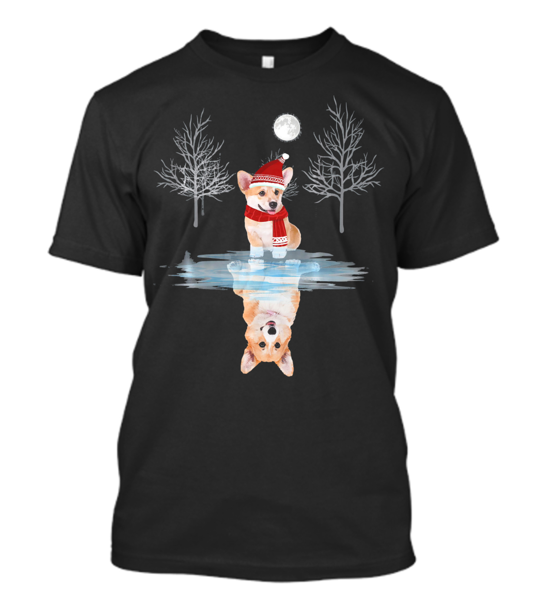 Cute Corgi Dog Reflection Christmas Holiday Scene T-Shirt