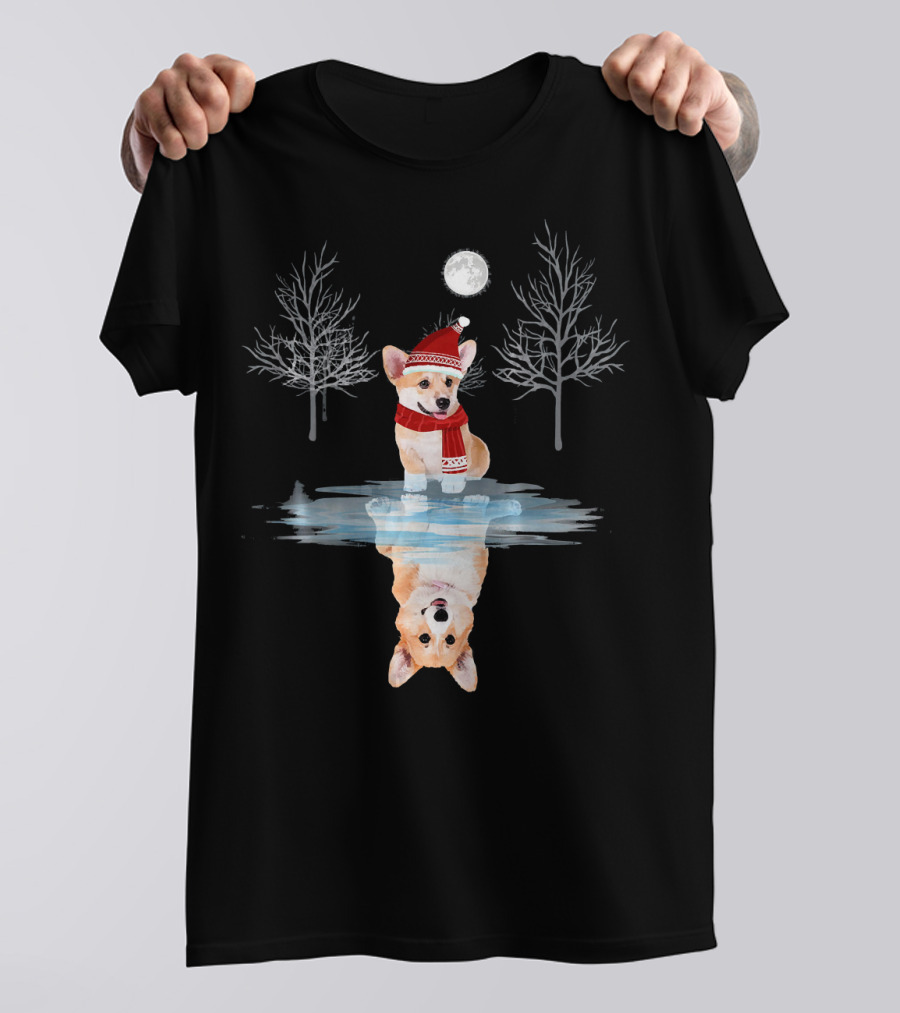 Cute Corgi Dog Reflection Christmas Holiday Scene T-Shirt