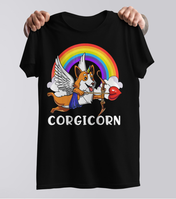 Corgicorn Winged Corgi Dog With Rainbow And Cupid Bow T-Shirt