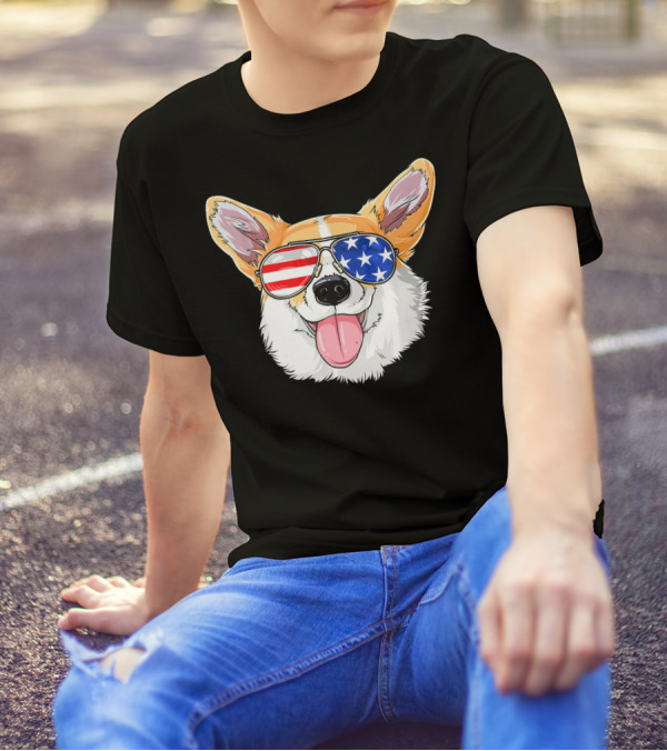 Corgi Wearing American Flag Sunglasses T-Shirt