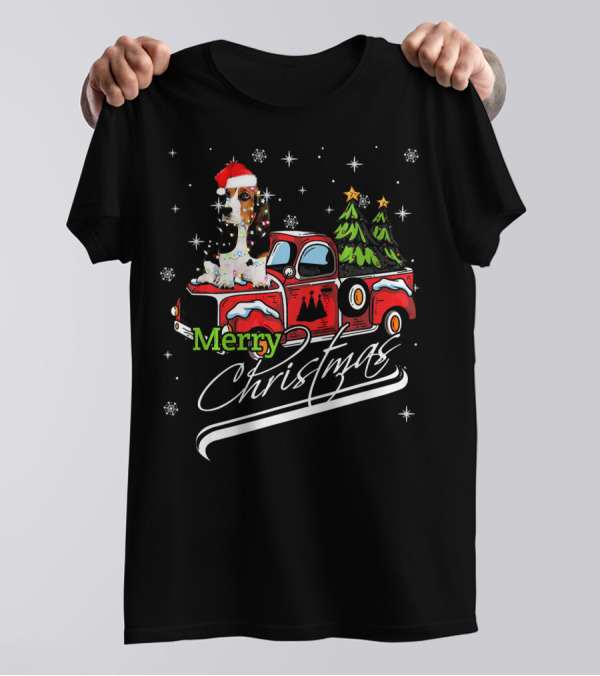 Merry Christmas Cute Basset Hound On Red Truck With Santa Hat And Christmas Trees T-Shirt