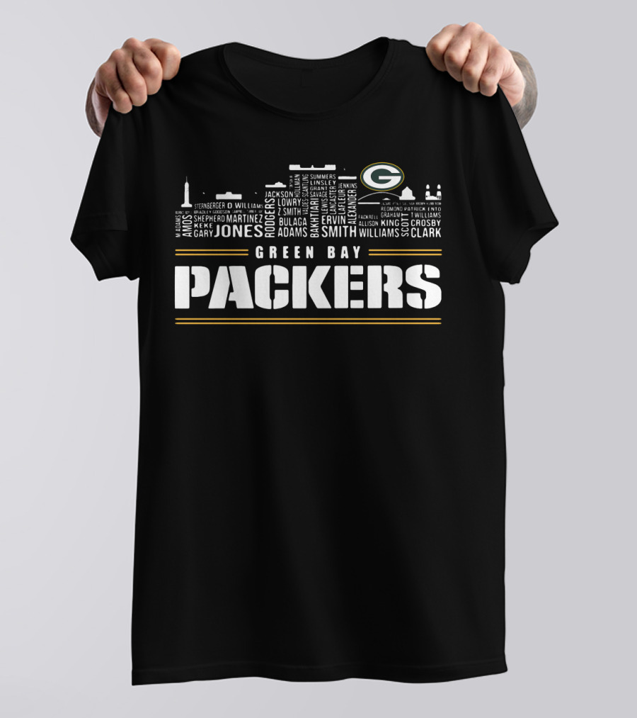 Green Bay Packers City Skyline Logo Jones Adams Clark T-Shirt
