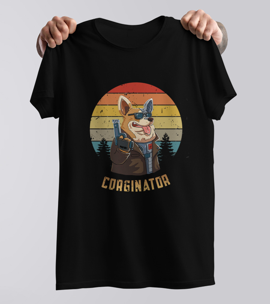Corginator Dog With Sunglasses And Cybernetic Arm Retro Sunset T-Shirt