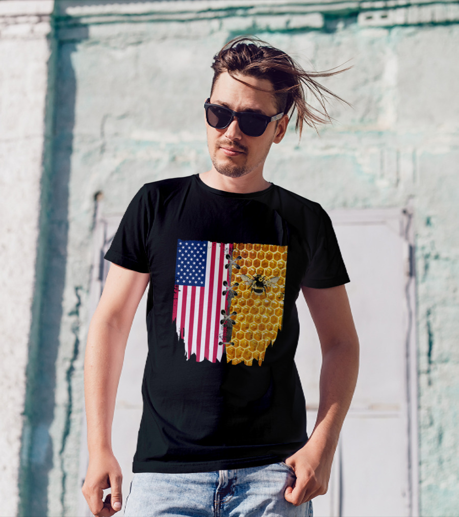 Bee And American Flag Honeycomb Fusion T-Shirt