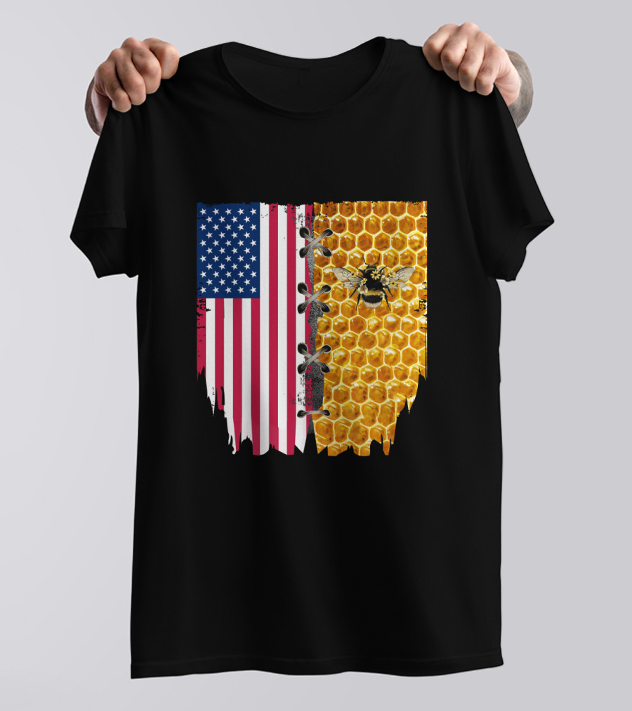 Bee And American Flag Honeycomb Fusion T-Shirt