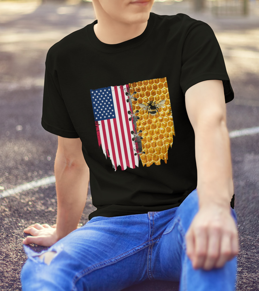 Bee And American Flag Honeycomb Fusion T-Shirt