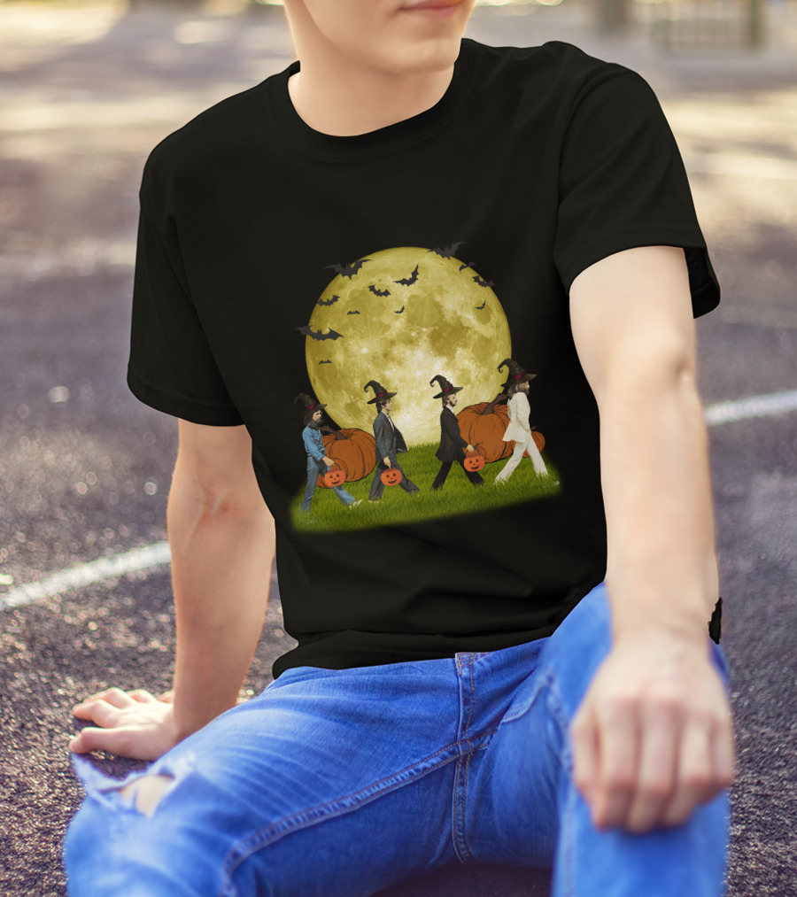 Abbey Road Halloween Crossing With Pumpkins And Witches Under Full Moon T-Shirt