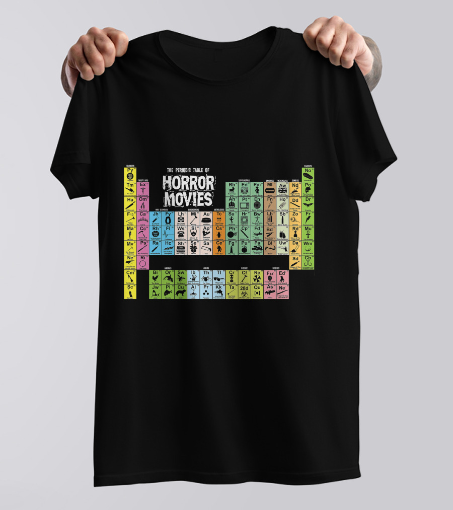The Periodic Table Of Horror Movies Featuring Iconic Horror Movie Elements T-Shirt