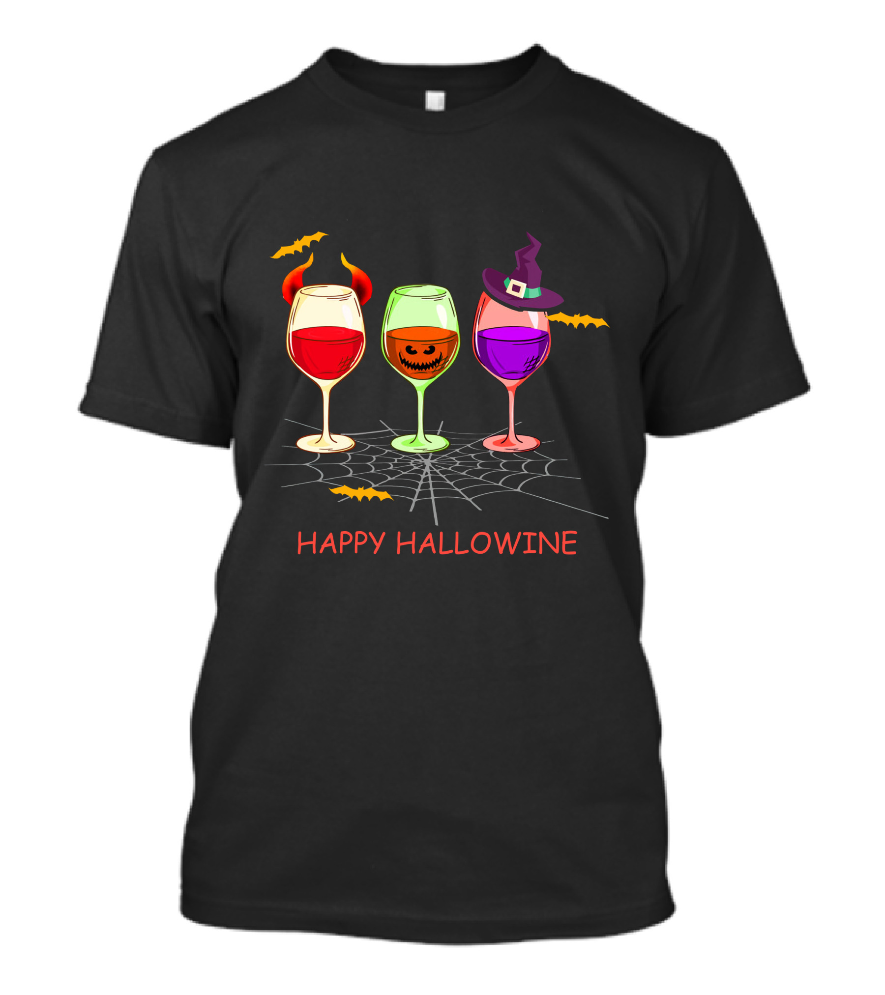 Happy Hallowine Wine Glasses Halloween Witch Hat Jack O'Lantern T-Shirt