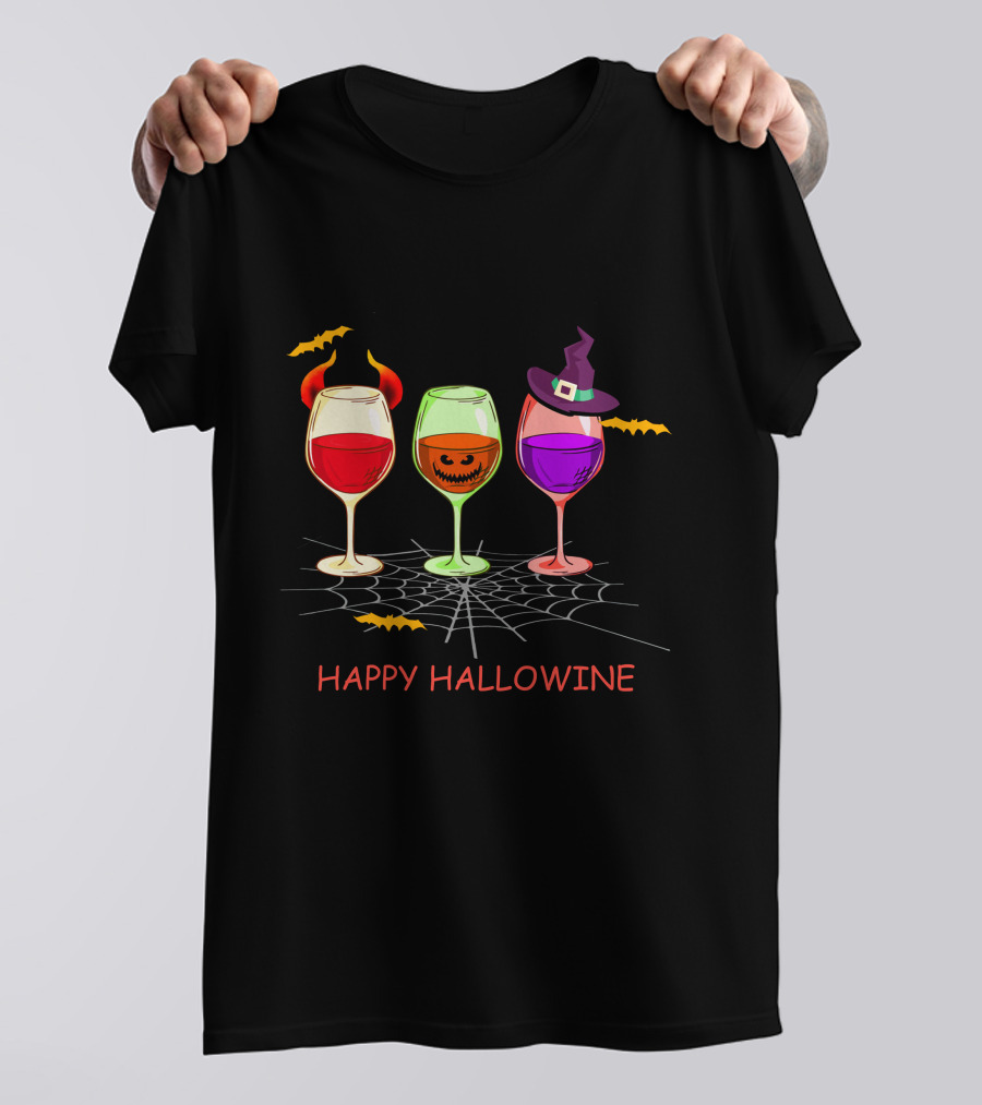Happy Hallowine Wine Glasses Halloween Witch Hat Jack O'Lantern T-Shirt