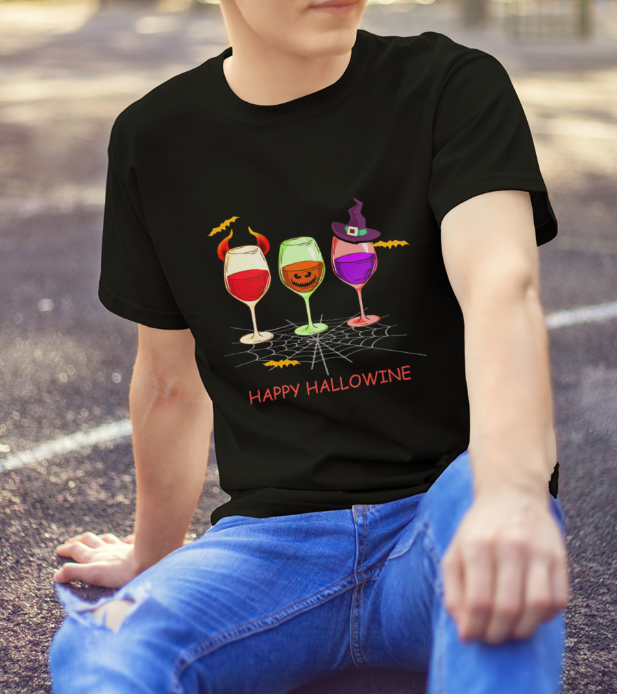 Happy Hallowine Wine Glasses Halloween Witch Hat Jack O'Lantern T-Shirt