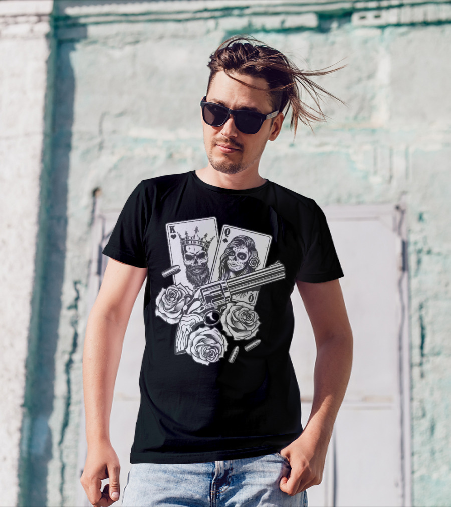 Hippie V Dead Rainbow Bertha Tie Dye King Queen Playing Cards Skulls Gun Roses Bullets T-Shirt