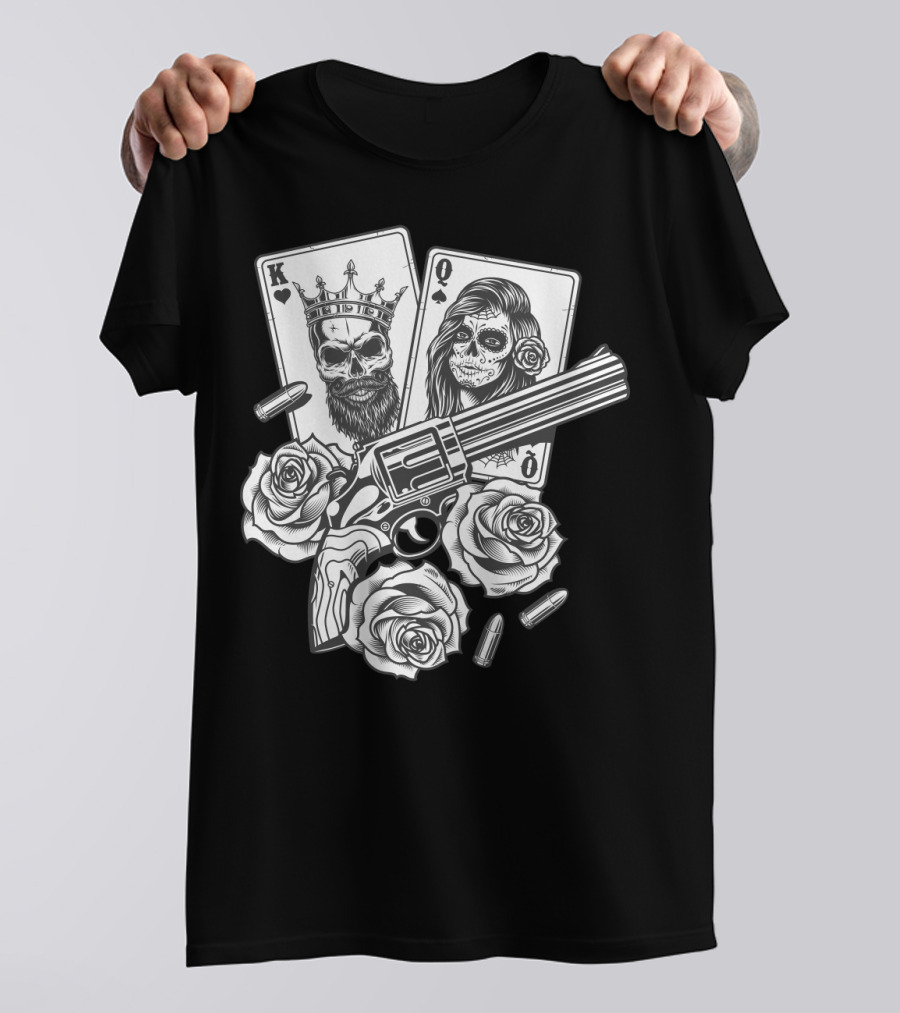 Hippie V Dead Rainbow Bertha Tie Dye King Queen Playing Cards Skulls Gun Roses Bullets T-Shirt
