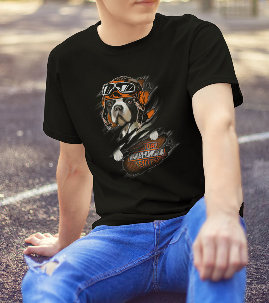 Boston Terrier Harley Davidson Cycles Vintage Aviator Helmet T-Shirt