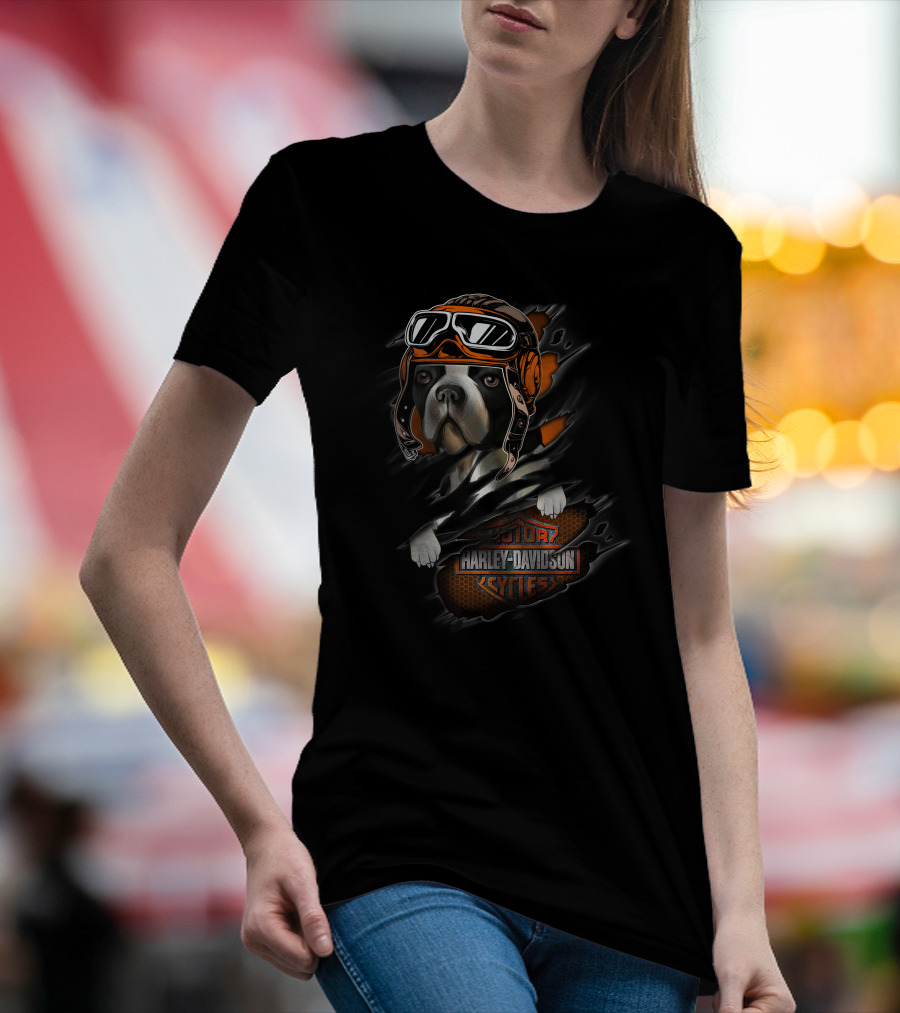 Boston Terrier Harley Davidson Cycles Vintage Aviator Helmet T-Shirt