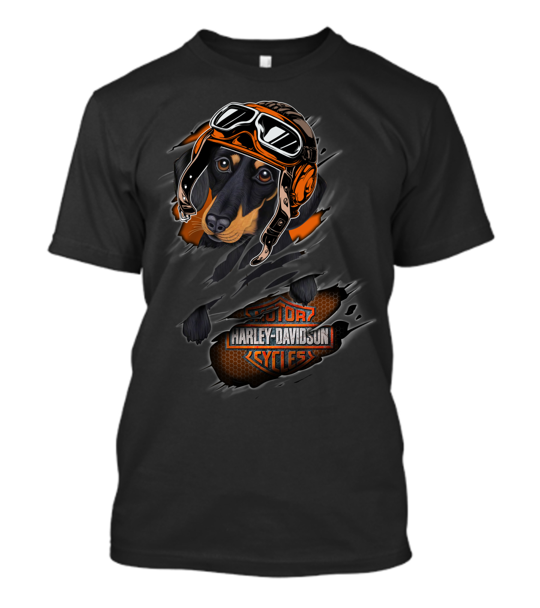 Dachshund Wearing Motorcycle Helmet With Harley Davidson Cycles T-Shirt