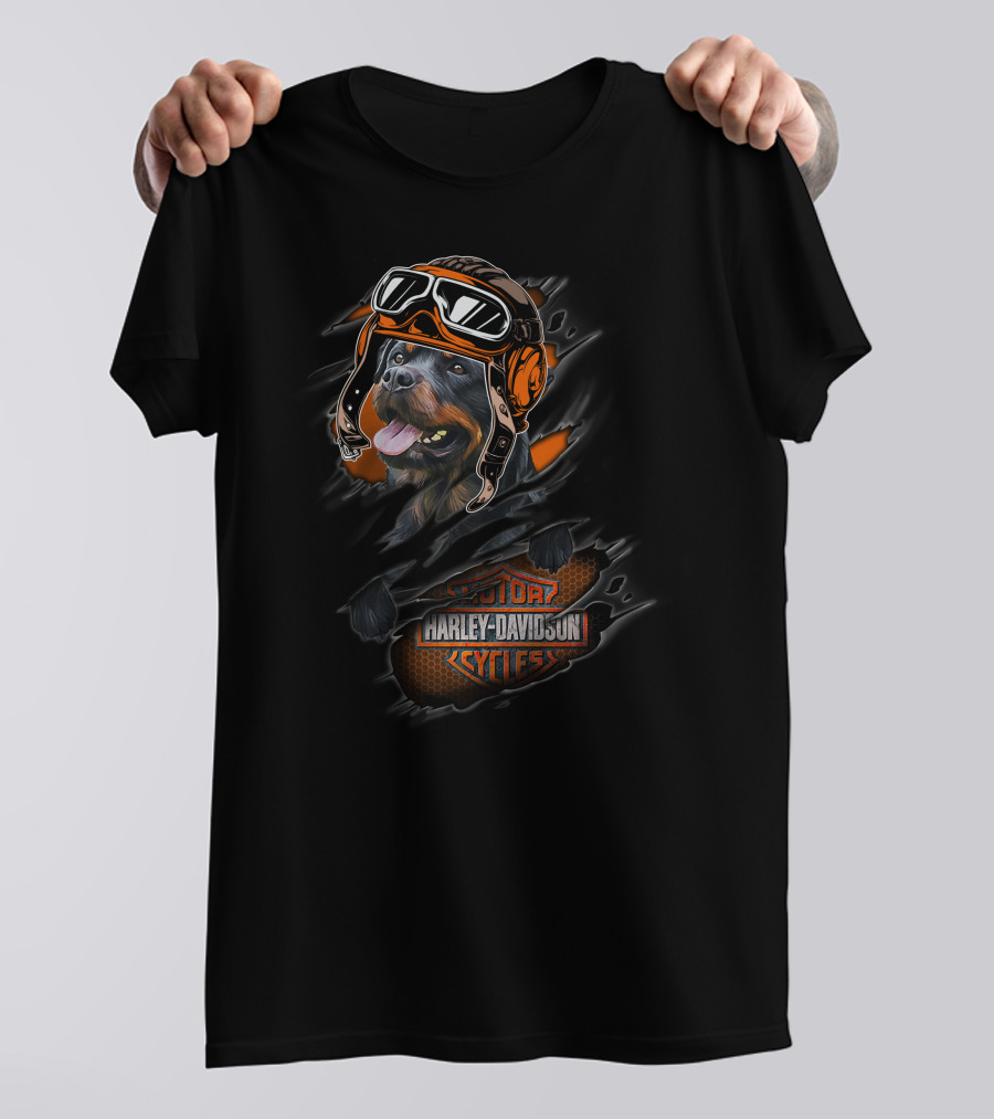 Rottweiler Wearing Biker Helmet Harley Davidson Motor Cycles T-Shirt