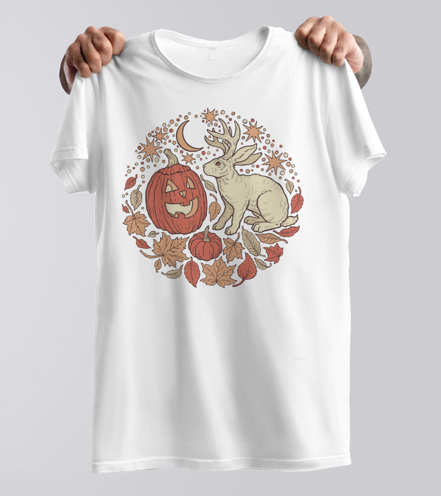 Halloween Friends Autumn Palette Jackalope Pumpkin Moon Stars Leaves T-Shirt