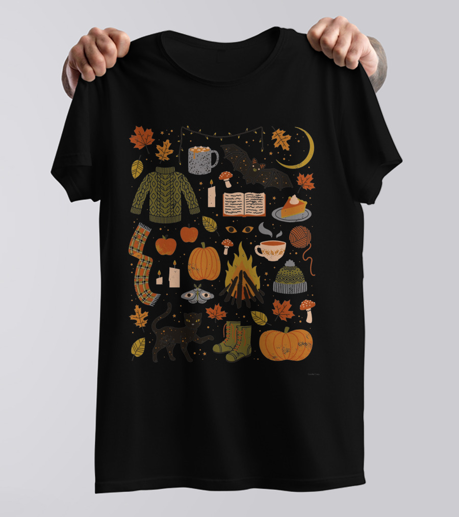 Autumn Nights Cozy Sweater Pumpkin Campfire Black Cat Moonlit Fall Leaves T-Shirt