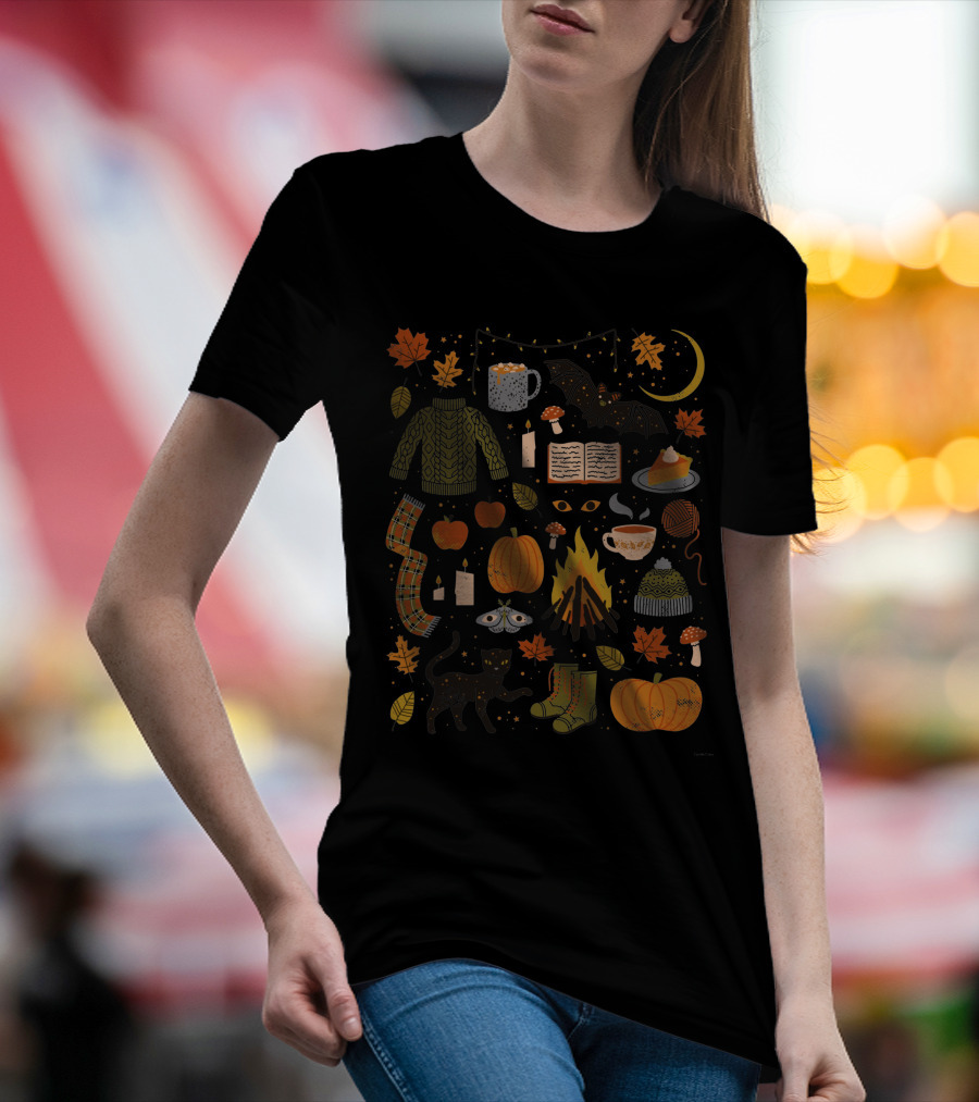 Autumn Nights Cozy Sweater Pumpkin Campfire Black Cat Moonlit Fall Leaves T-Shirt