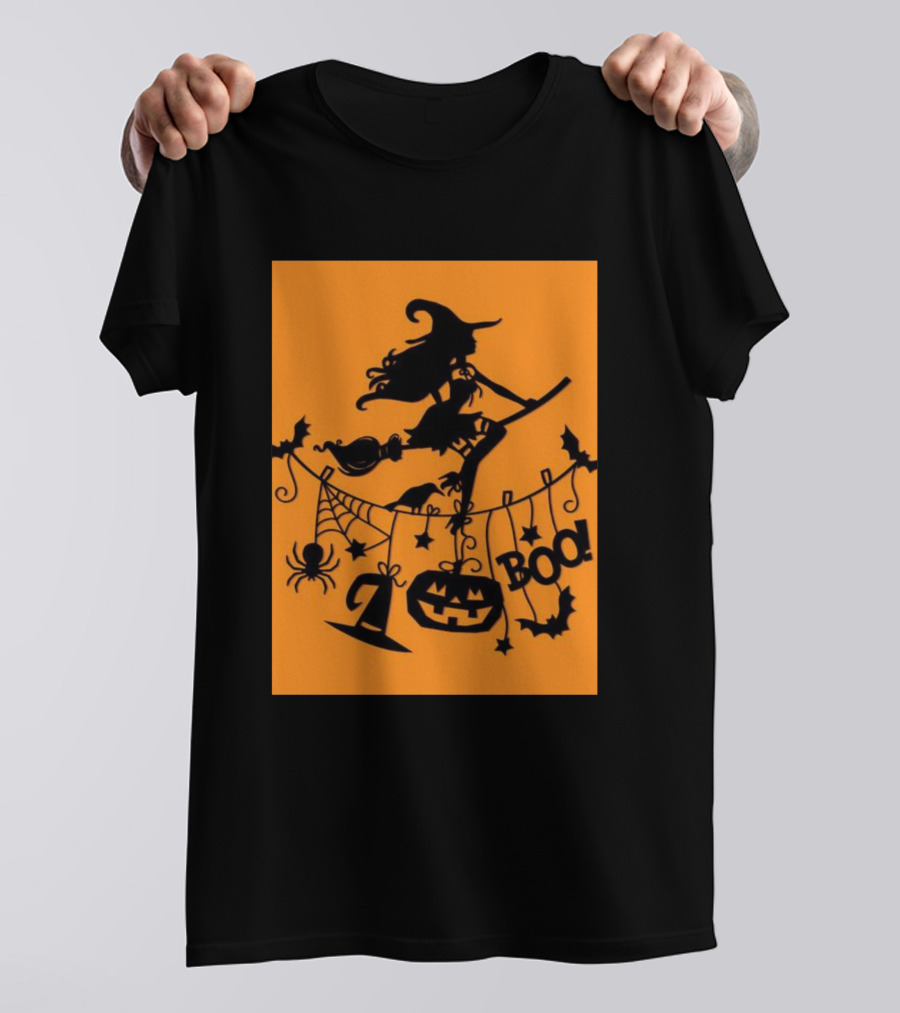 Witch On A Broom Halloween Boo Pumpkin Spider Bat Garland T-Shirt