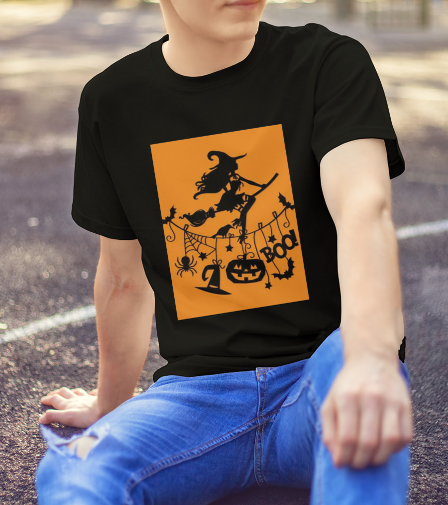 Witch On A Broom Halloween Boo Pumpkin Spider Bat Garland T-Shirt