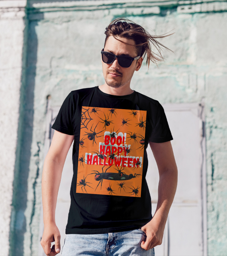 BOO Happy Halloween Spiders Orange Web T-Shirt