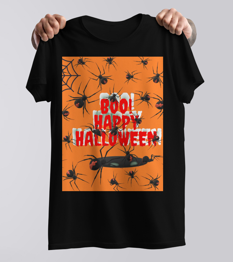 BOO Happy Halloween Spiders Orange Web T-Shirt