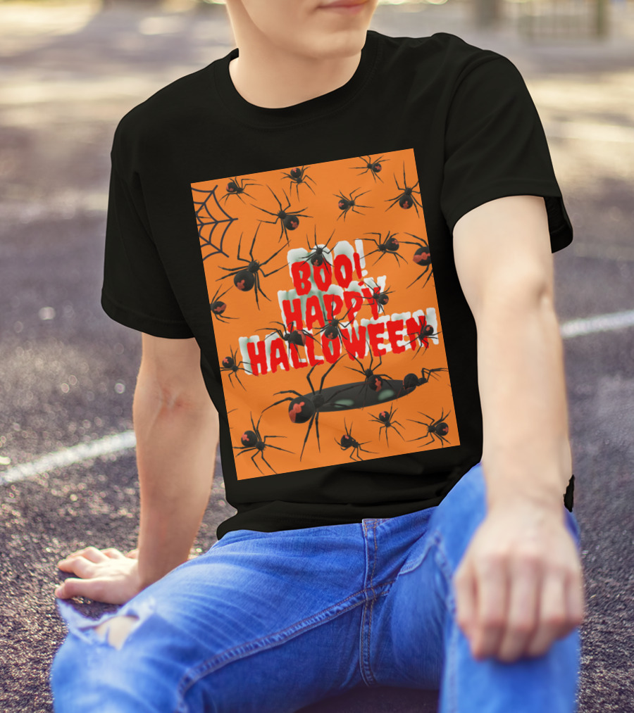 BOO Happy Halloween Spiders Orange Web T-Shirt