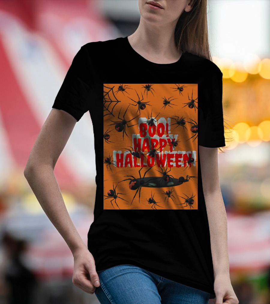 BOO Happy Halloween Spiders Orange Web T-Shirt