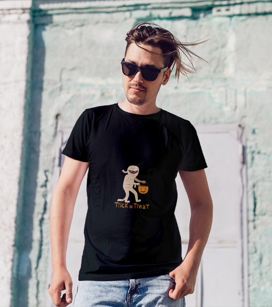 Trick Or Treat Mummy With Pumpkin Bucket T-Shirt