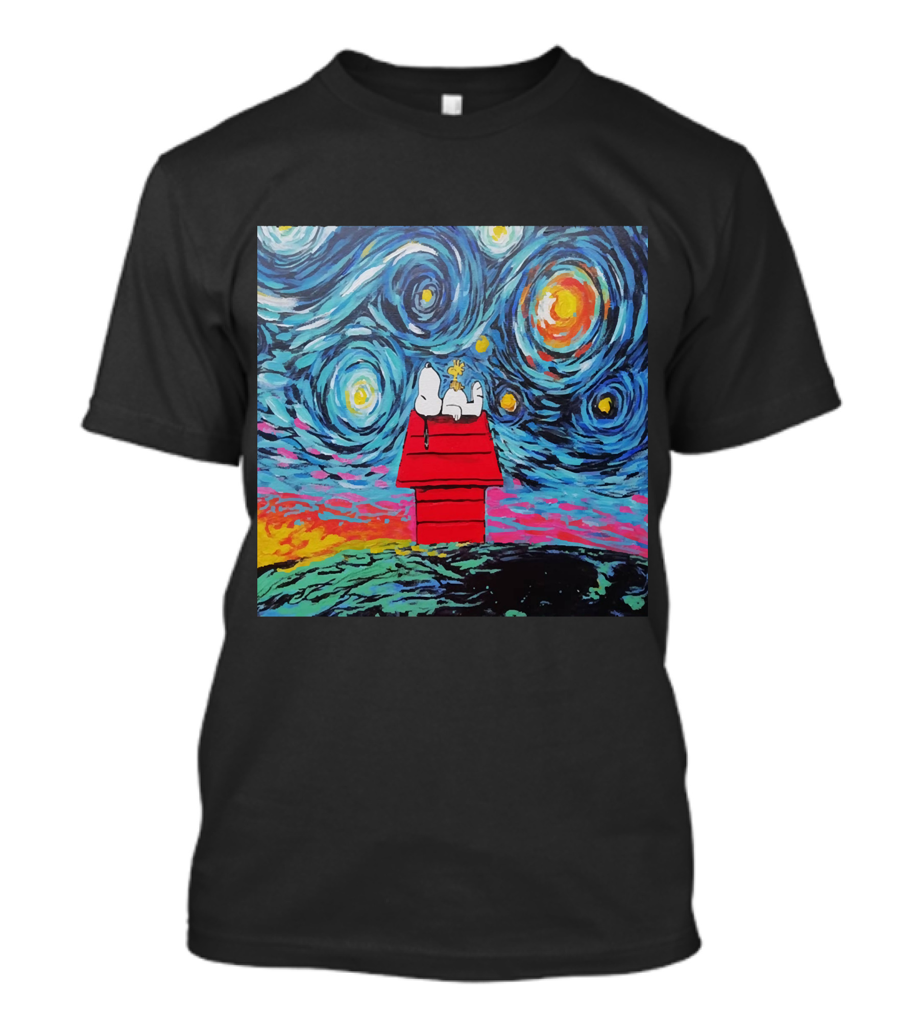 Snoopy And Woodstock On The Doghouse Under A Starry Night T-Shirt