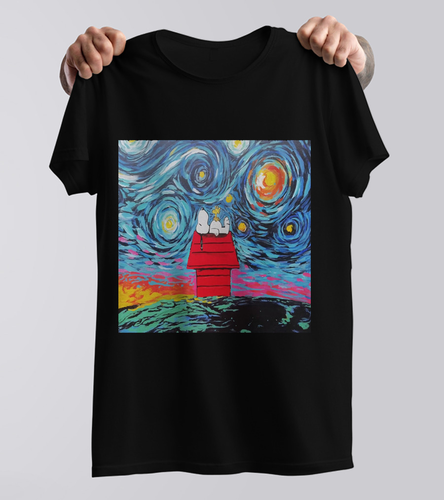 Snoopy And Woodstock On The Doghouse Under A Starry Night T-Shirt