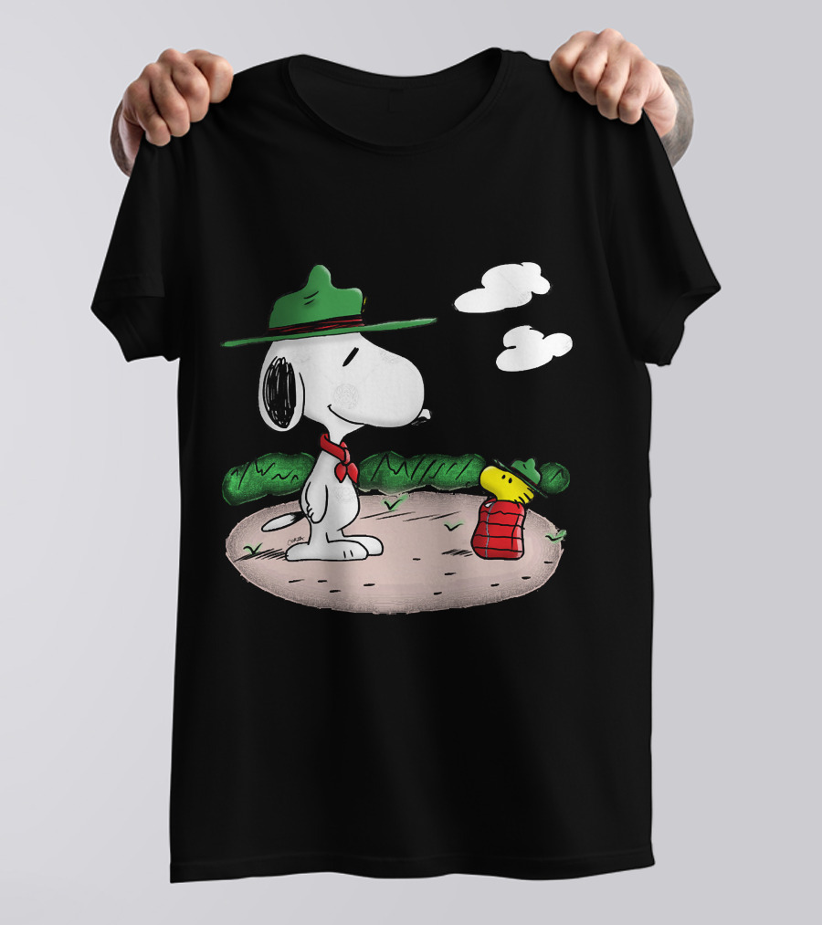 Snoopy Woodstock Camping Adventure With Green Hats And Red Scarf T-Shirt