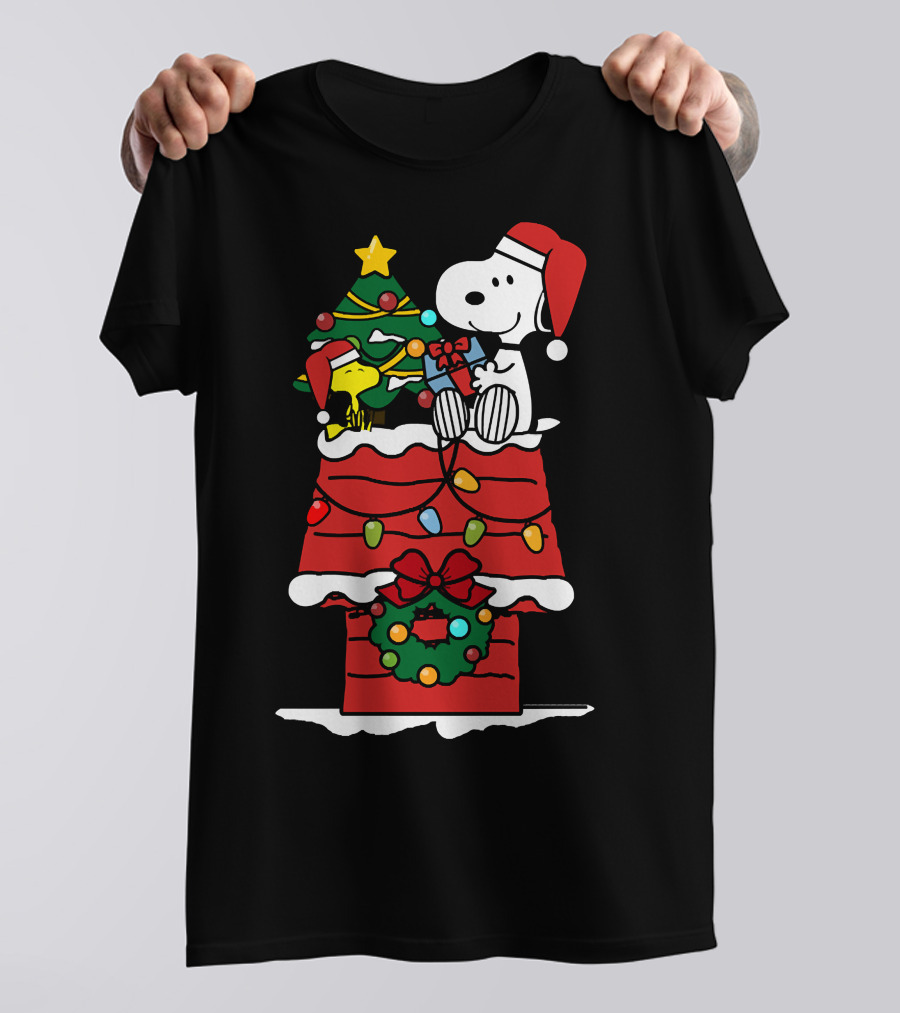 Snoopy And Woodstock Celebrate Christmas On Doghouse With Santa Hats And Tree T-Shirt
