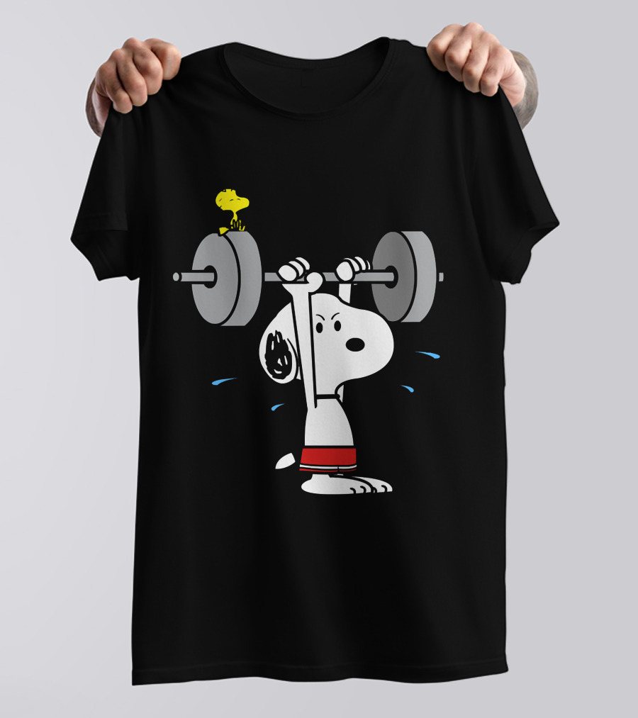 Snoopy Weightlifting With Woodstock On Barbell T-Shirt