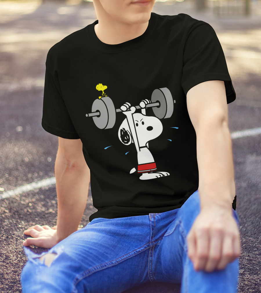 Snoopy Weightlifting With Woodstock On Barbell T-Shirt