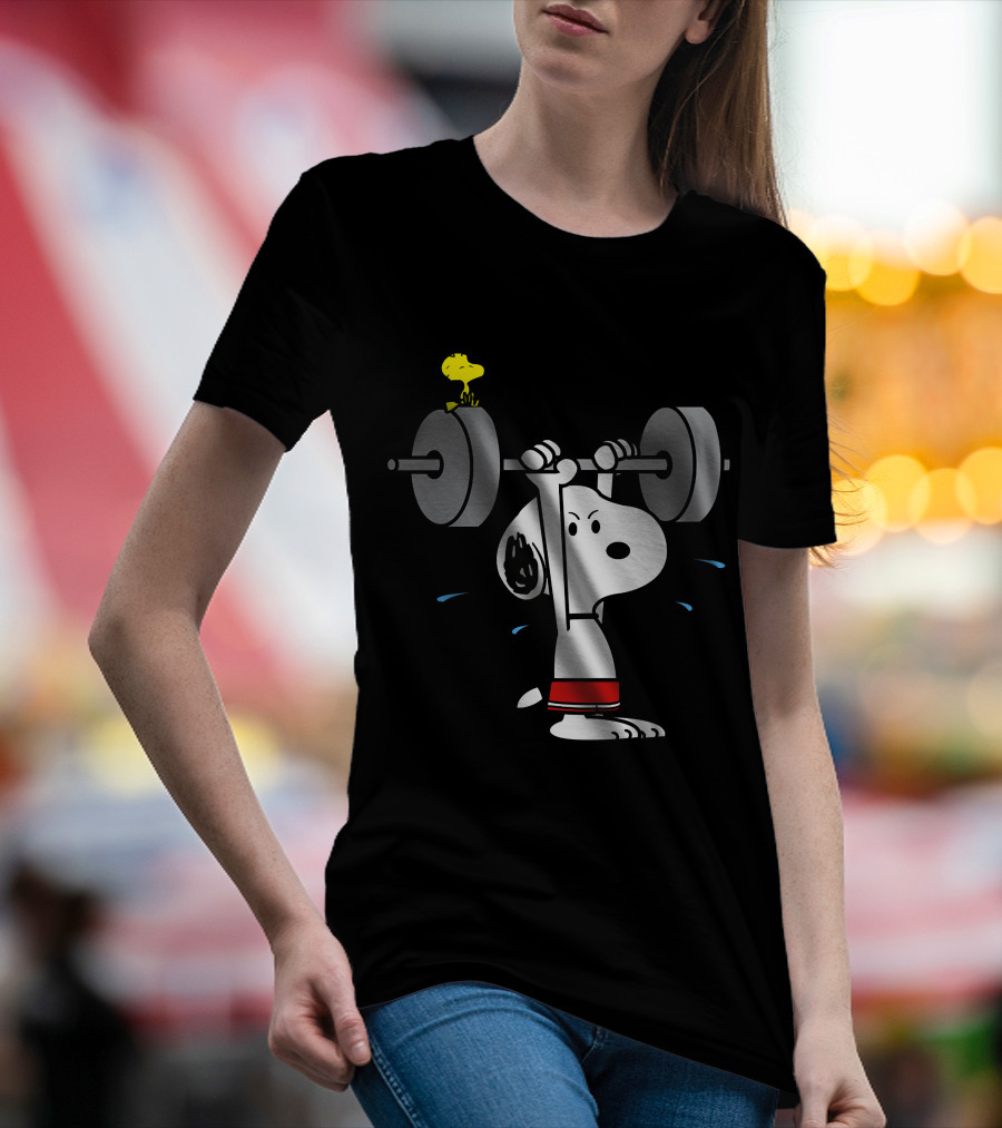 Snoopy Weightlifting With Woodstock On Barbell T-Shirt