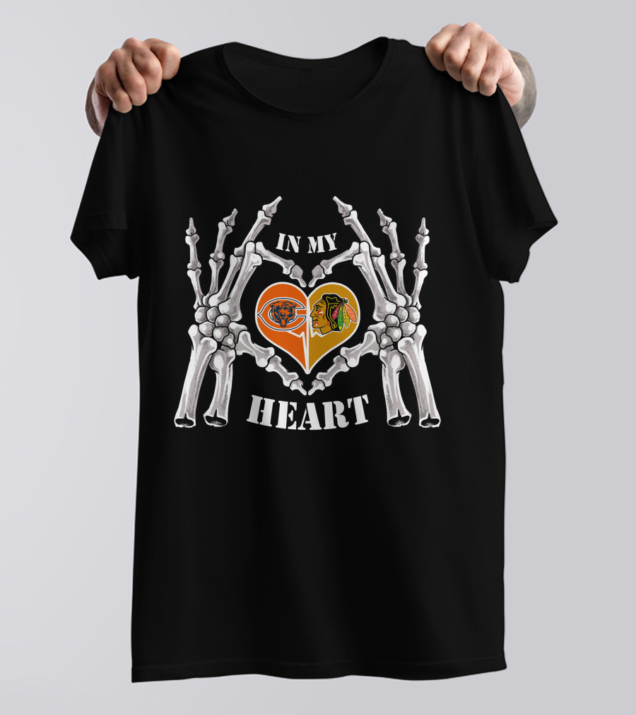 In My Heart Chicago Bears Blackhawks Logos Skeleton Hands T-Shirt