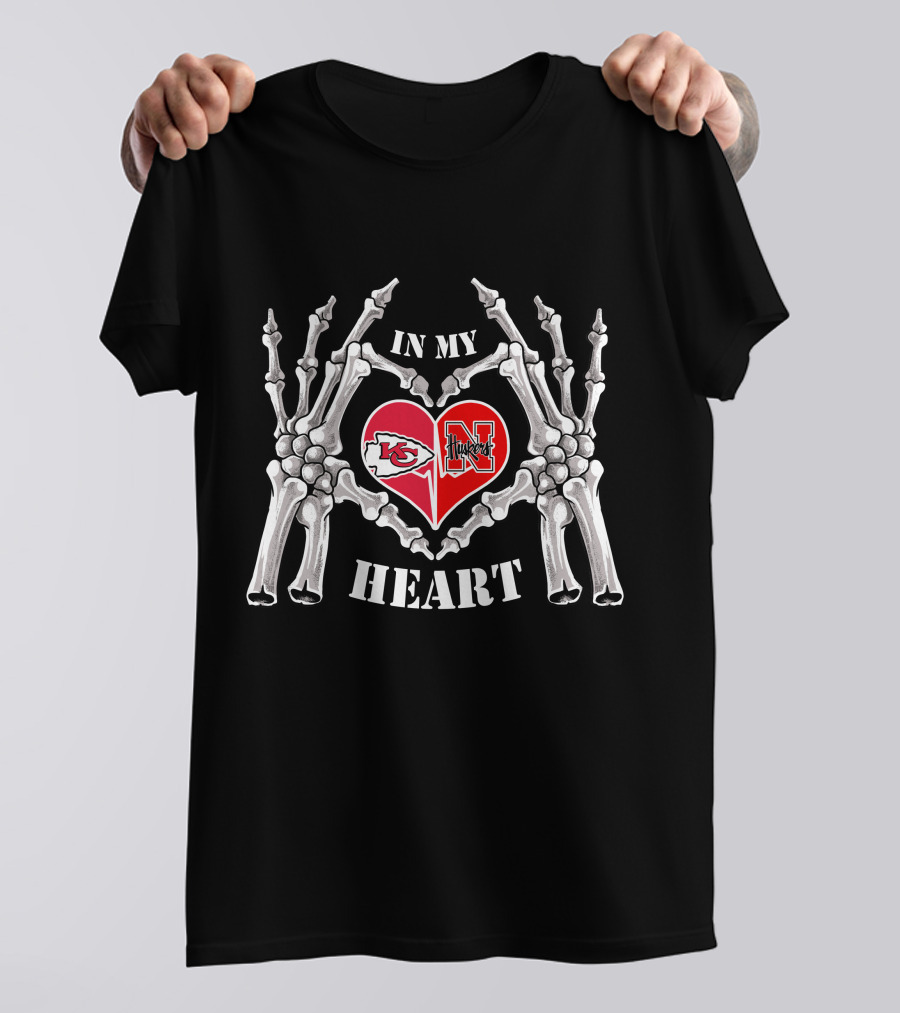 In My Heart Kansas City Chiefs Nebraska Cornhuskers Skeleton Heart T-Shirt