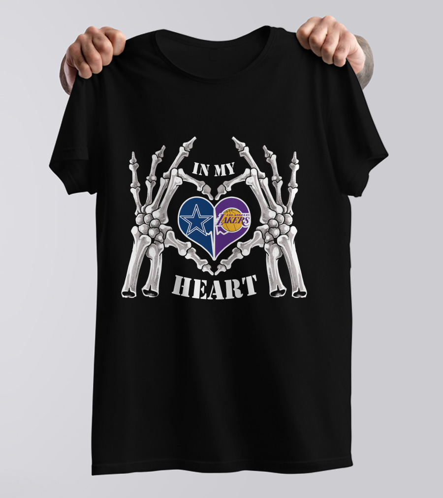 In My Heart Dallas Cowboys Los Angeles Lakers Skeleton Hands Iconic Logos T-Shirt