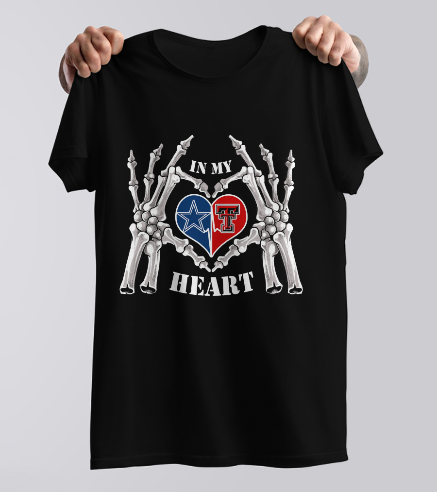 In My Heart Dallas Cowboys Texas Tech Logo Skeleton Hands T-Shirt