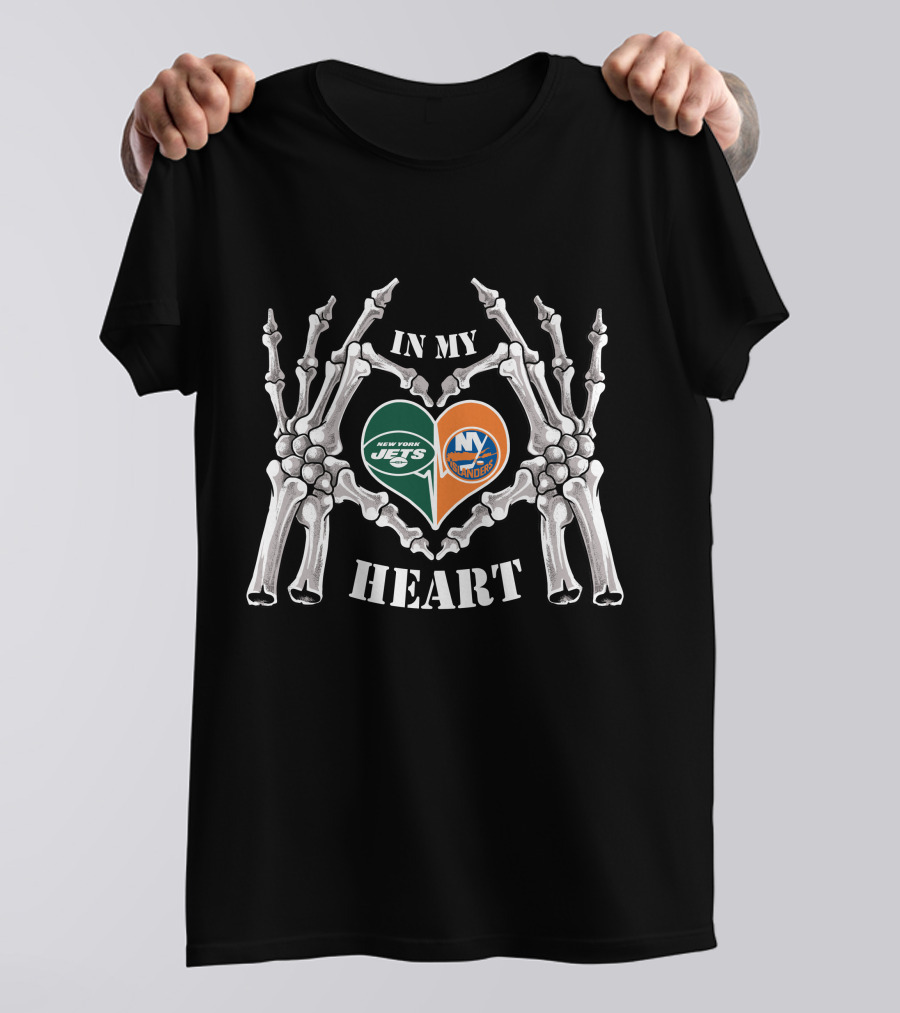 In My Heart New York Jets New York Islanders Skeleton Hands T-Shirt