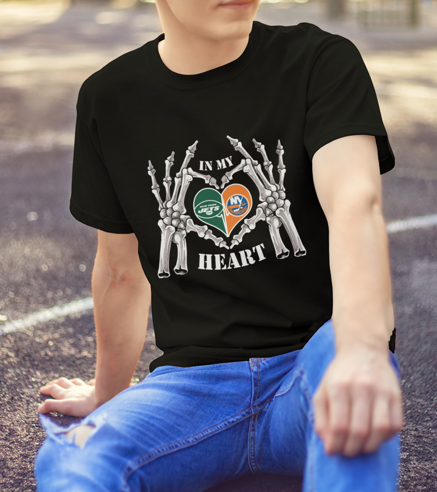 In My Heart New York Jets New York Islanders Skeleton Hands T-Shirt