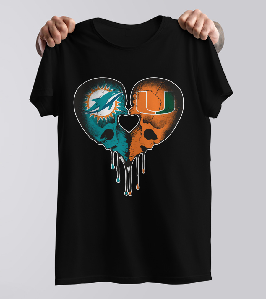 Miami Dolphins Hurricanes Love Heart Skull T-Shirt