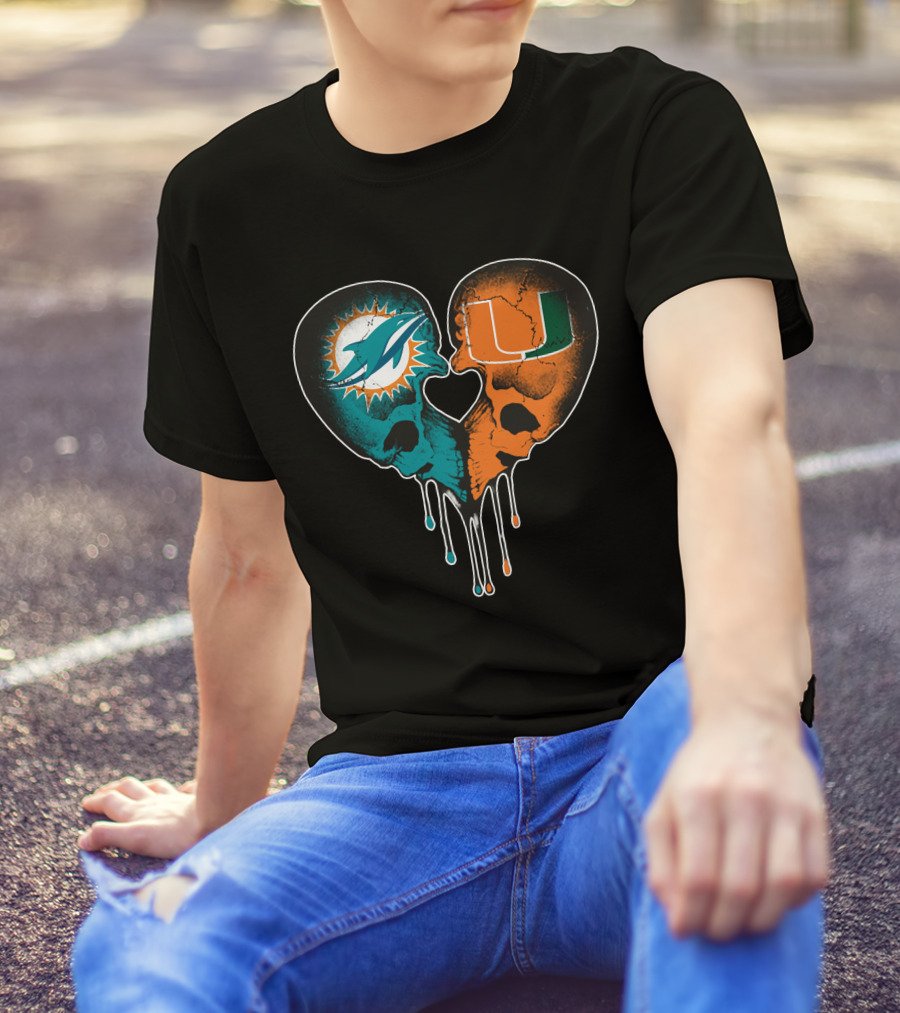 Miami Dolphins Hurricanes Love Heart Skull T-Shirt