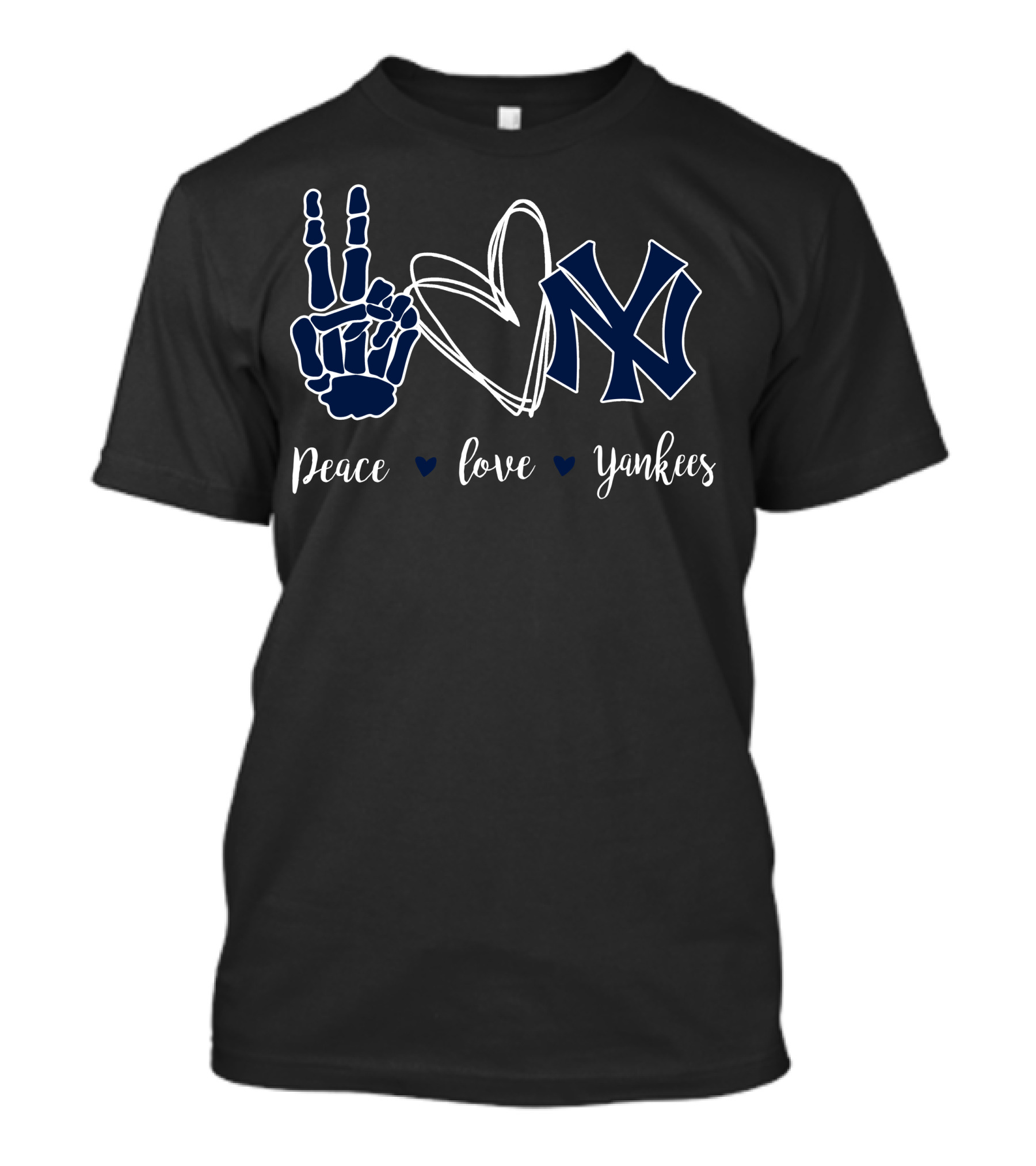 Peace Love Yankees Skeleton Hand Heart Symbol NY T-Shirt
