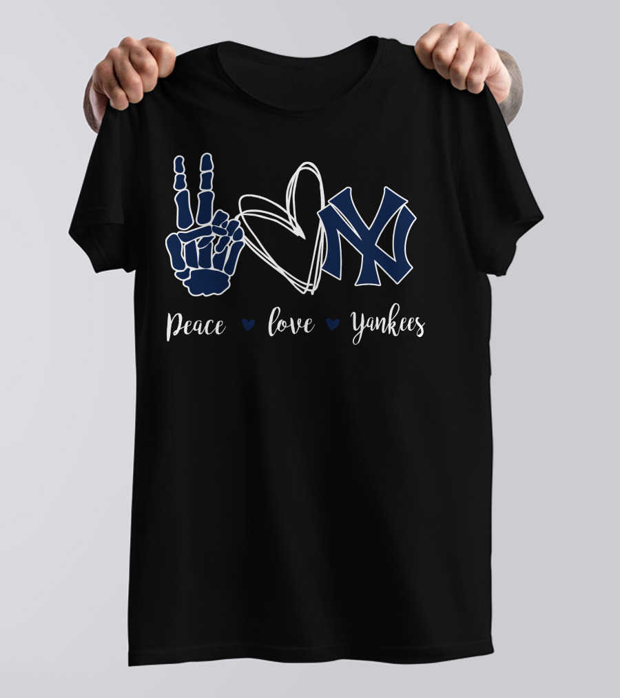 Peace Love Yankees Skeleton Hand Heart Symbol NY T-Shirt