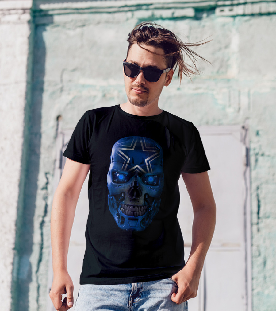 Skull Cowboys Blue Metallic Star Cyborg Helmet T-Shirt