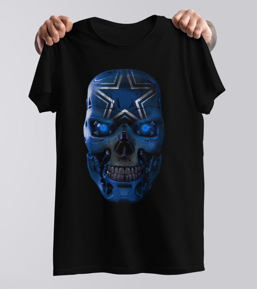 Skull Cowboys Blue Metallic Star Cyborg Helmet T-Shirt